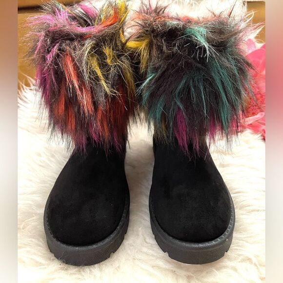 ROUGE HELIUM Colorful Faux Fur Black Suede Ankle Boots 7 - Picture 3 of 8